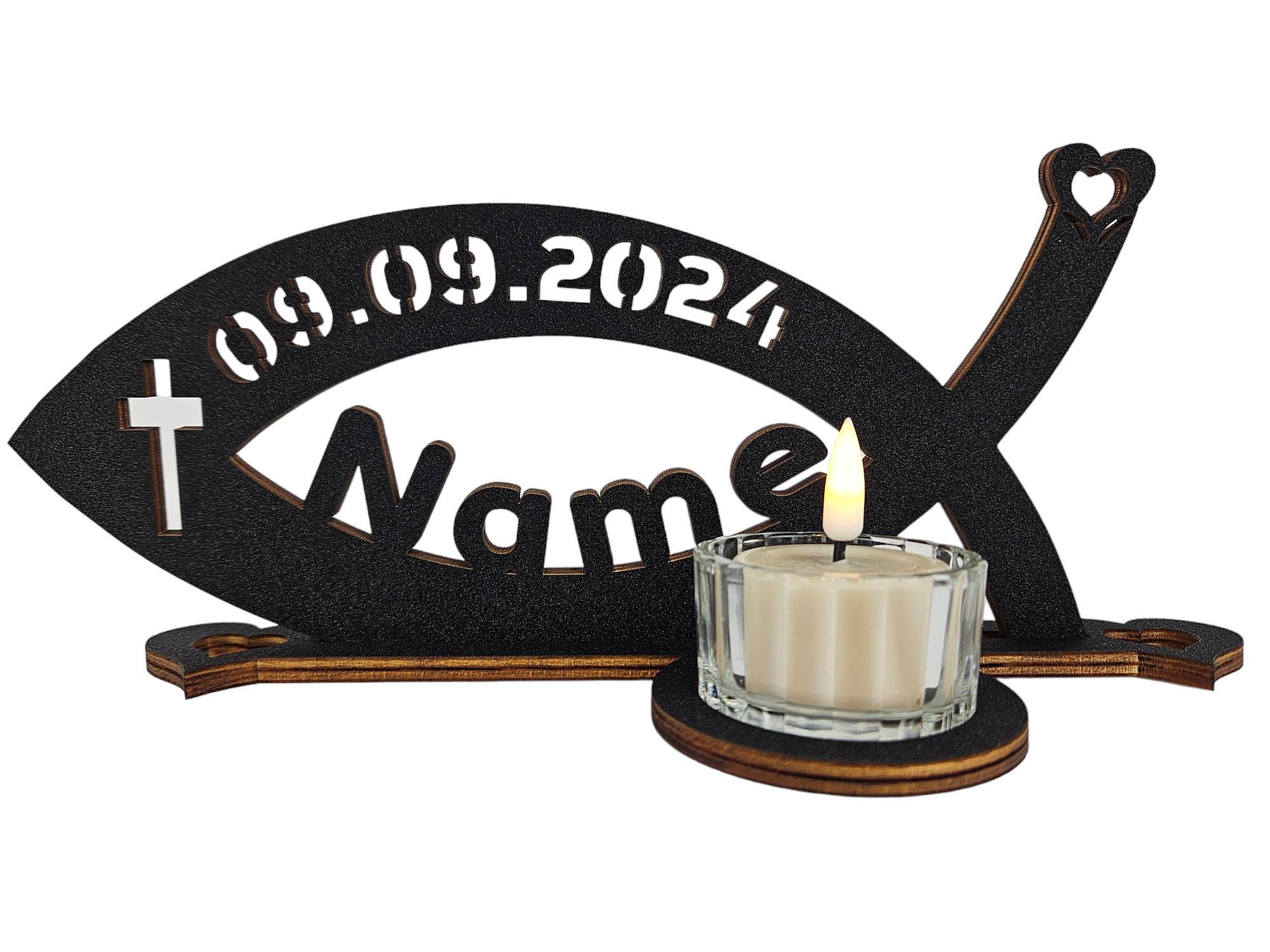 Tauffisch Fisch Teelichthalter personalisiert mit Name Tischdeko ideal als Taufedeko Kommuniondeko Geschenk zur Konfirmation für Mädchen & Jungen in 12 Farben