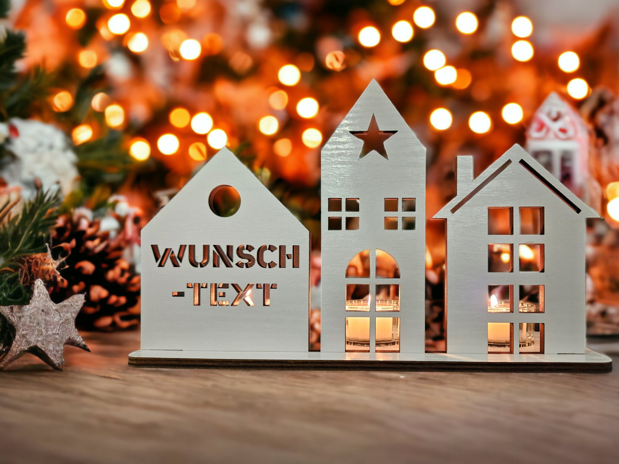 Waluna® Lichterstadt 3 Teelichthalter Mini Lichthaus aus Holz personalisiert mit Wunschtext oder Familienname 12 Farben Tischdeko