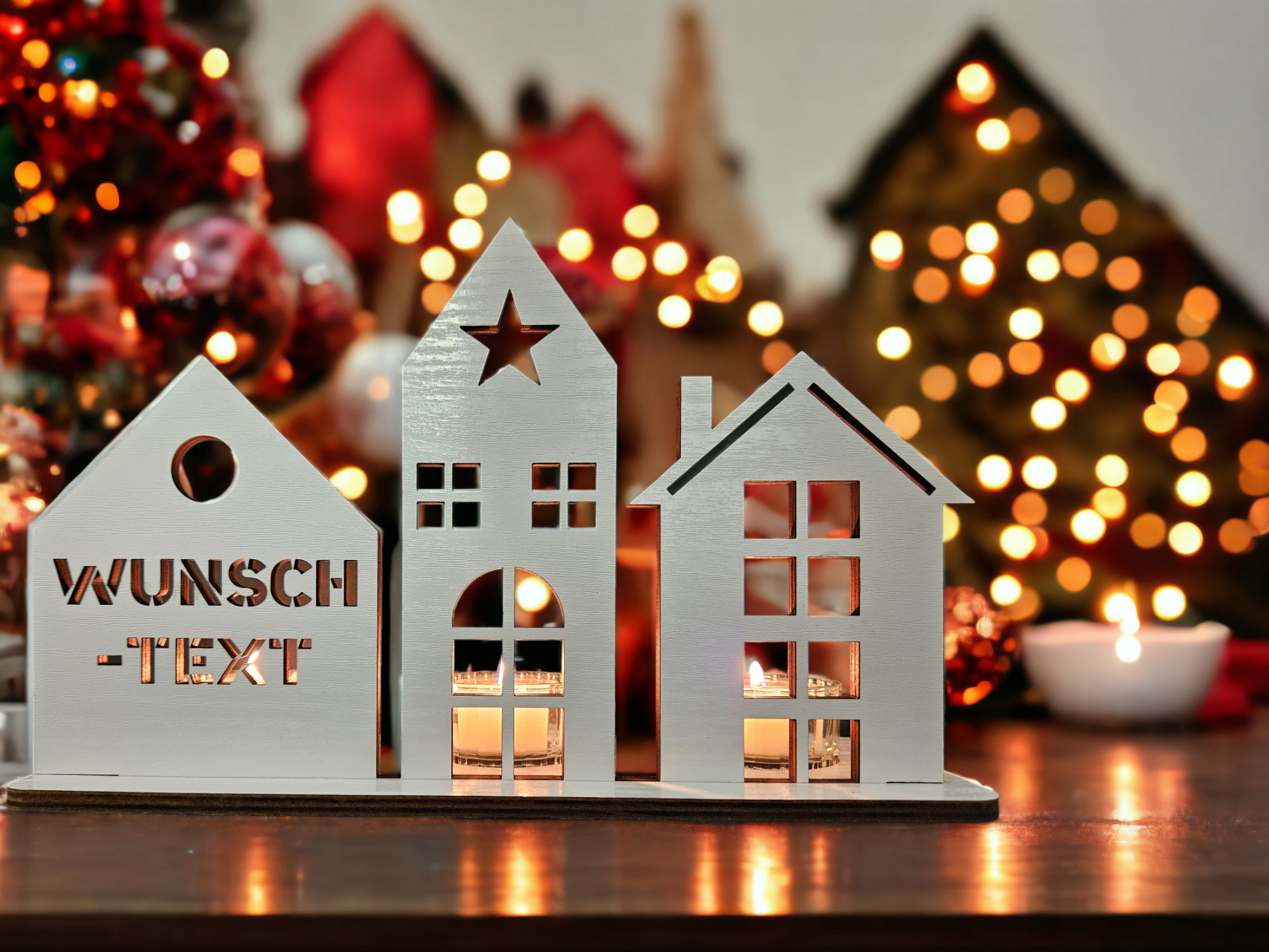 Waluna® Lichterstadt 3 Teelichthalter Mini Lichthaus aus Holz personalisiert mit Wunschtext oder Familienname 12 Farben Tischdeko