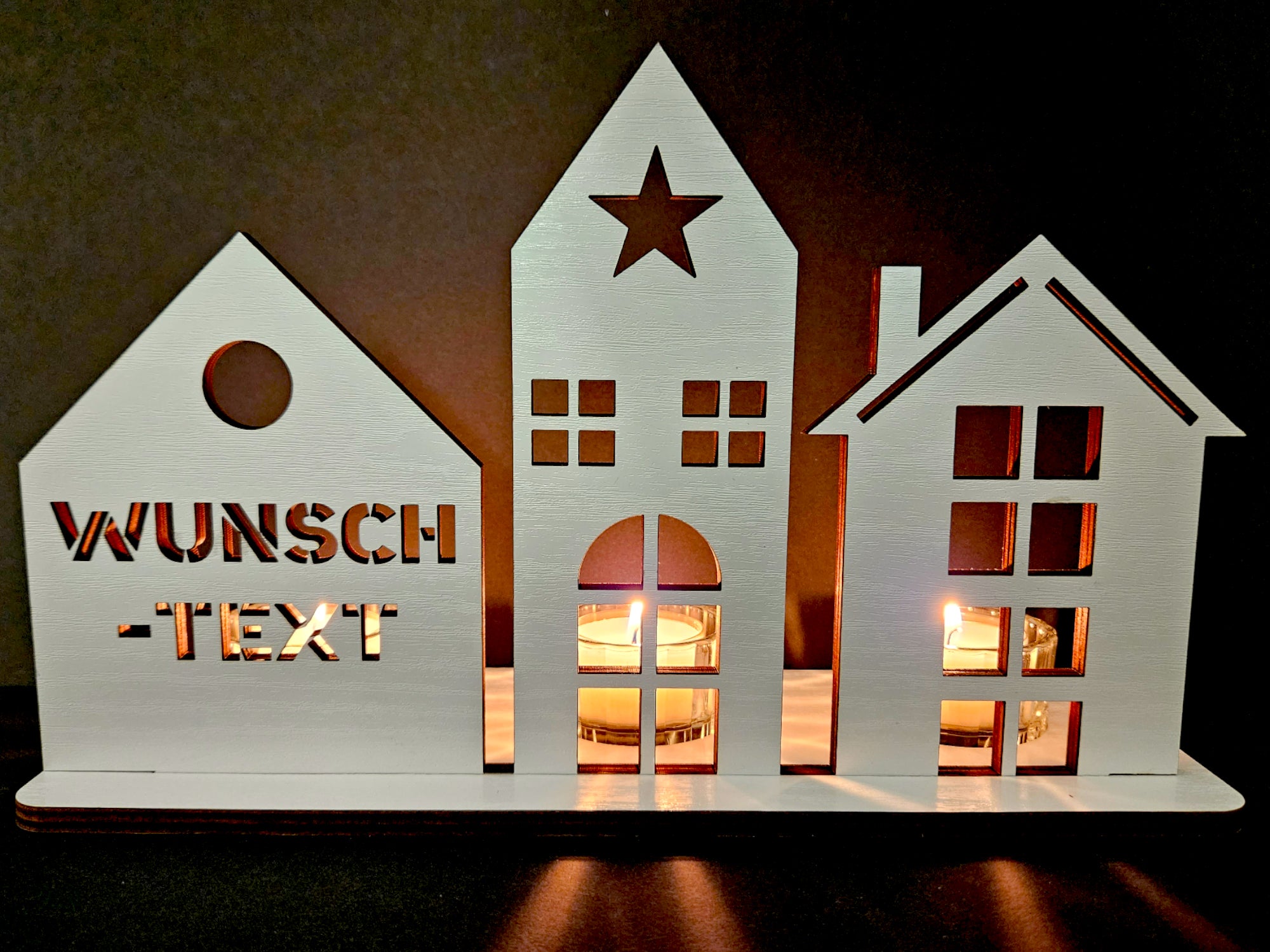 Waluna® Lichterstadt 3 Teelichthalter Mini Lichthaus aus Holz personalisiert mit Wunschtext oder Familienname 12 Farben Tischdeko