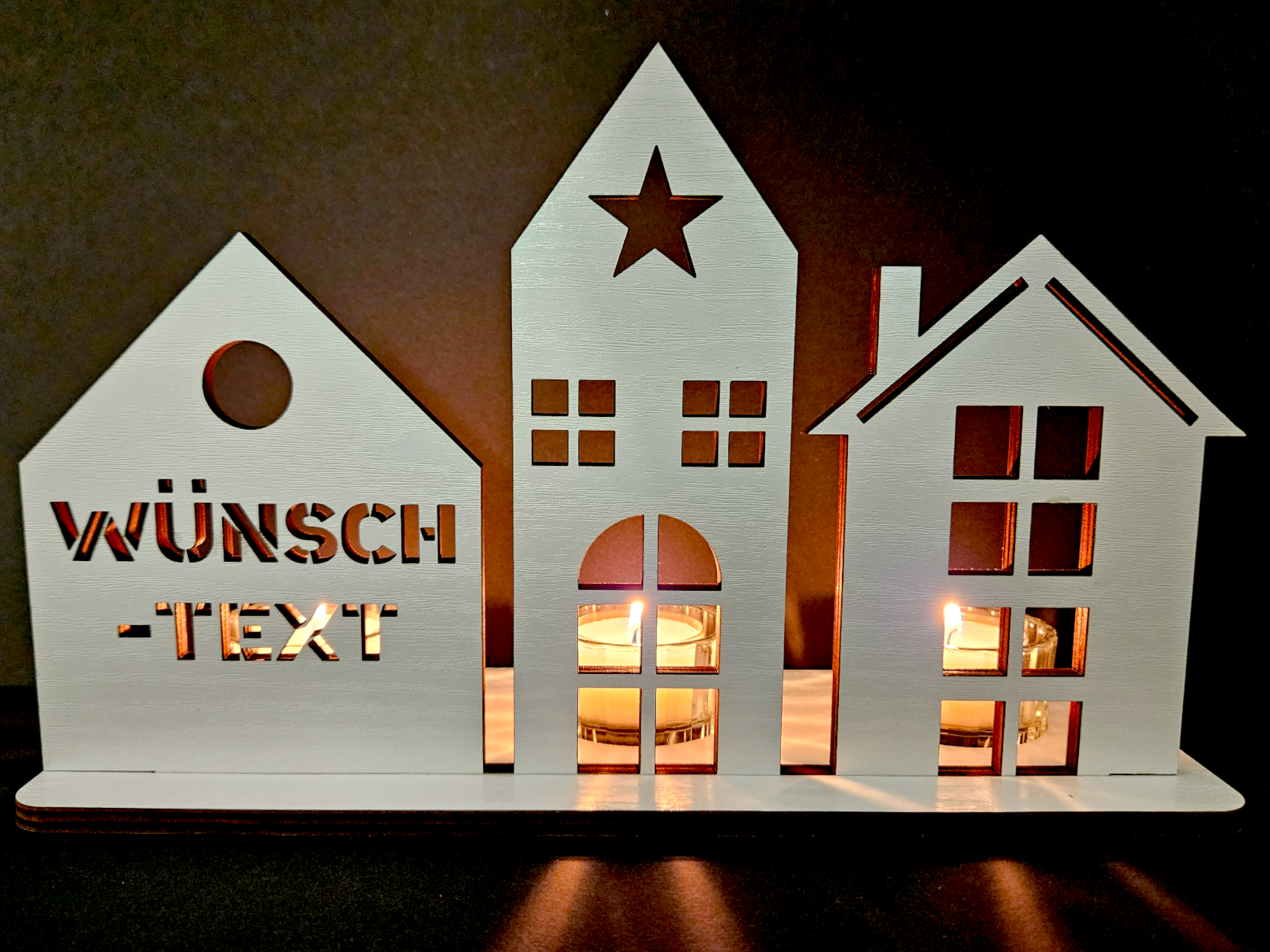 Waluna® Lichterstadt 3 Teelichthalter Mini Lichthaus aus Holz personalisiert mit Wunschtext oder Familienname 12 Farben Tischdeko