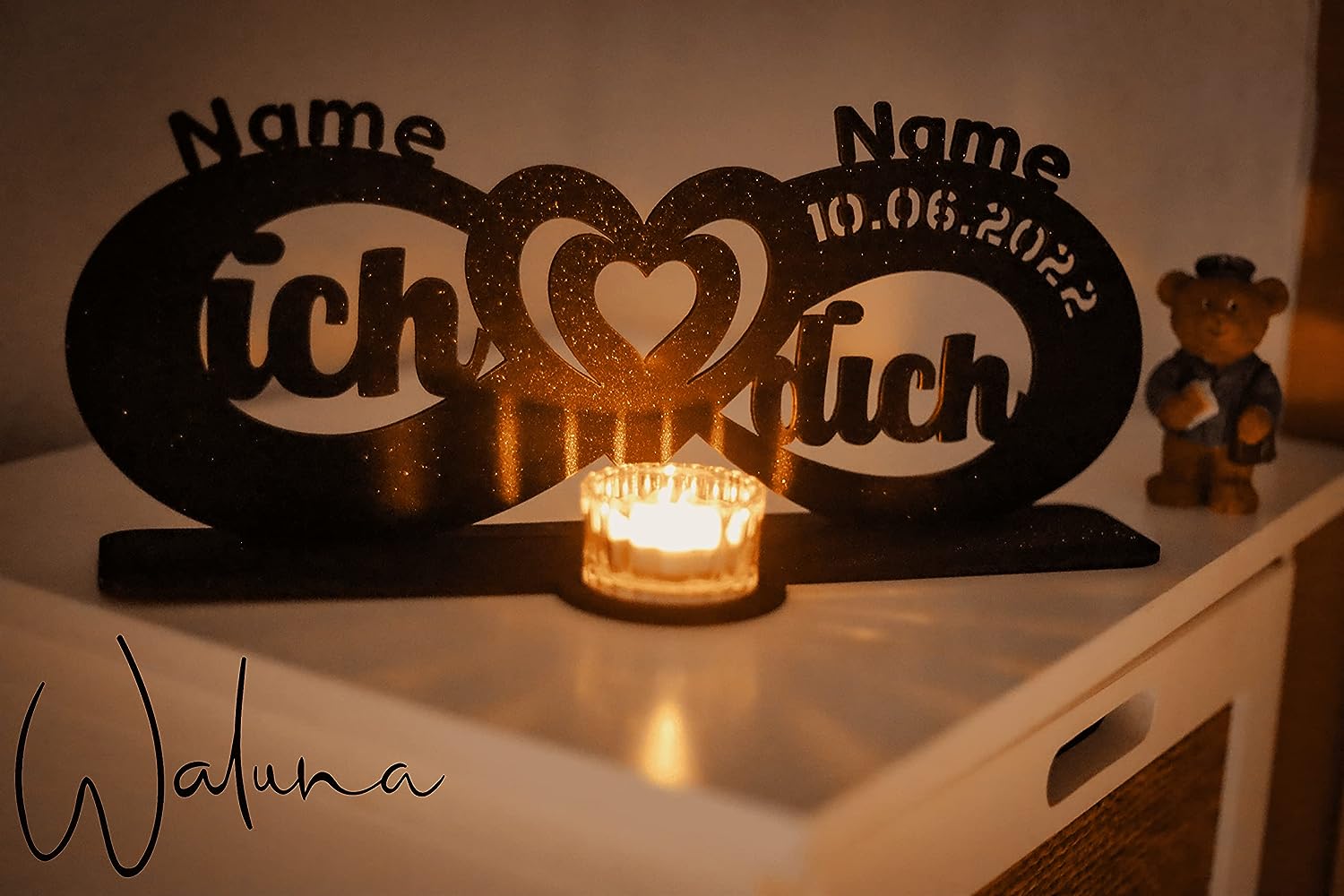 ich Liebe Dich Liebesgeschenk Teelichthalter personalisiert mit Zwei Namen und Datum Unendlichkeitszeichen zum Jahrestag Hochzeit in 12 Farben