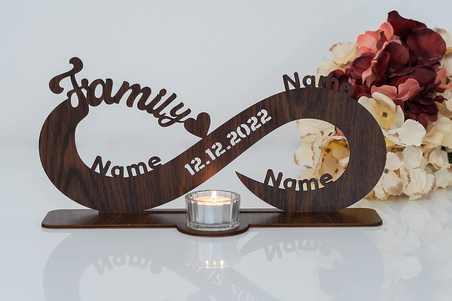 Family Familien Gechenk Teelichthalter Unendlichkeitszeichen personalisiert mit Wunschnamen/Datum Herzen zum Jahrestag Geburtstag