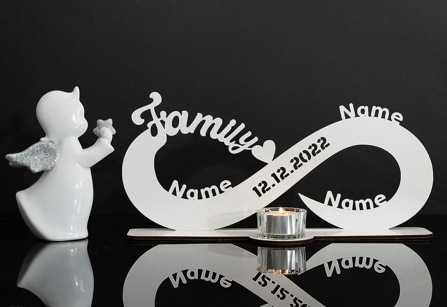 Family Familien Gechenk Teelichthalter Unendlichkeitszeichen personalisiert mit Wunschnamen/Datum Herzen zum Jahrestag Geburtstag