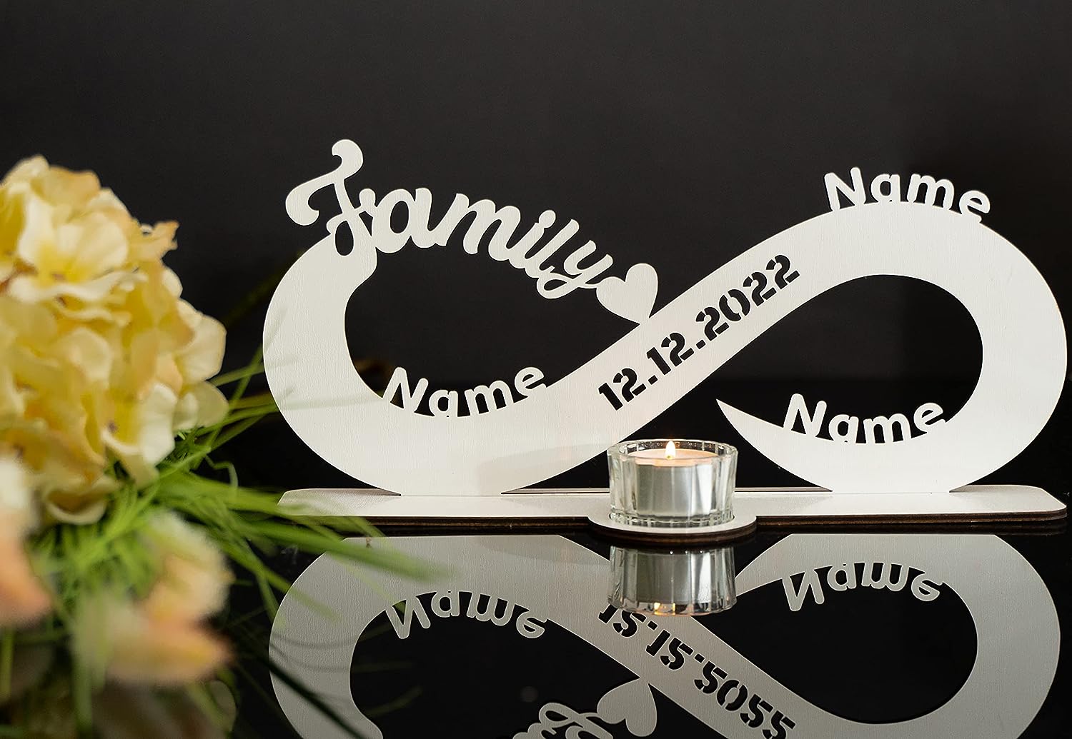 Family Familien Gechenk Teelichthalter Unendlichkeitszeichen personalisiert mit Wunschnamen/Datum Herzen zum Jahrestag Geburtstag