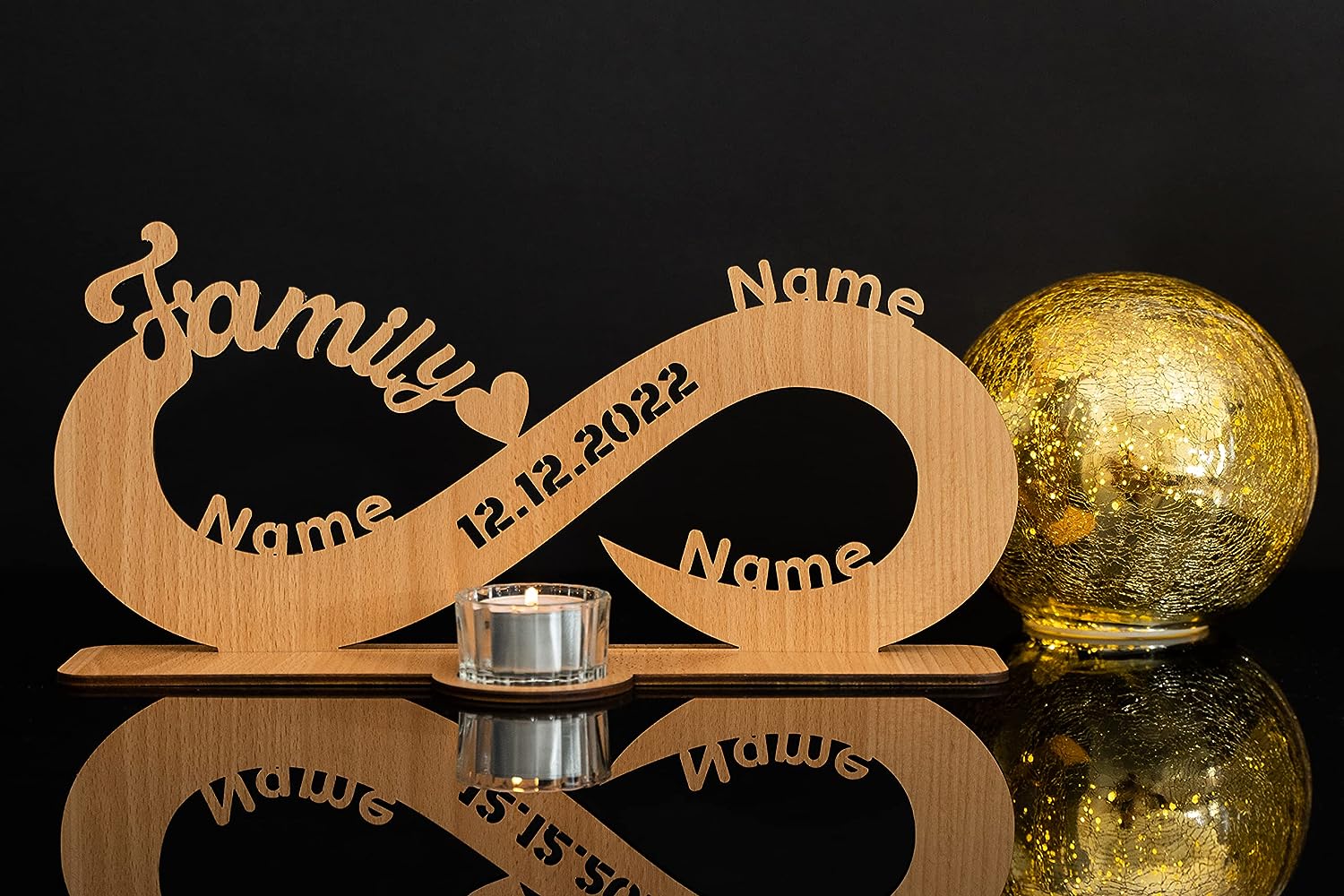 Family Familien Gechenk Teelichthalter Unendlichkeitszeichen personalisiert mit Wunschnamen/Datum Herzen zum Jahrestag Geburtstag