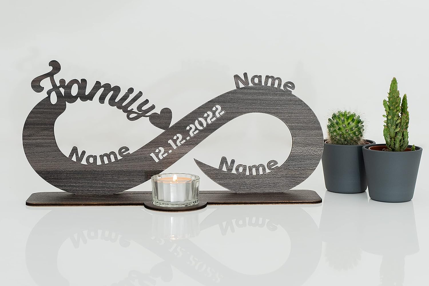 Family Familien Gechenk Teelichthalter Unendlichkeitszeichen personalisiert mit Wunschnamen/Datum Herzen zum Jahrestag Geburtstag