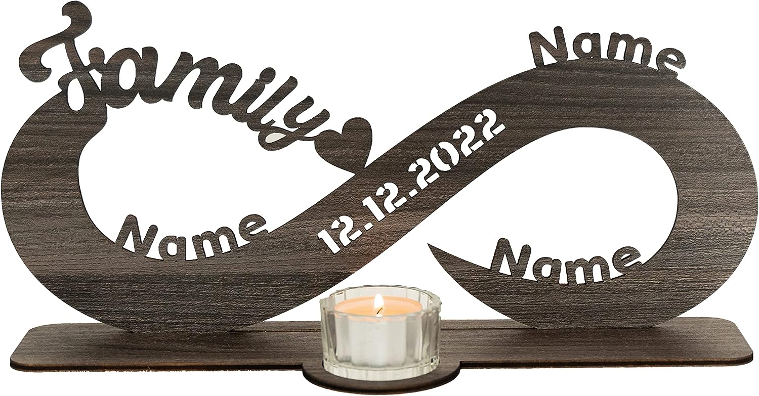 Family Familien Gechenk Teelichthalter Unendlichkeitszeichen personalisiert mit Wunschnamen/Datum Herzen zum Jahrestag Geburtstag