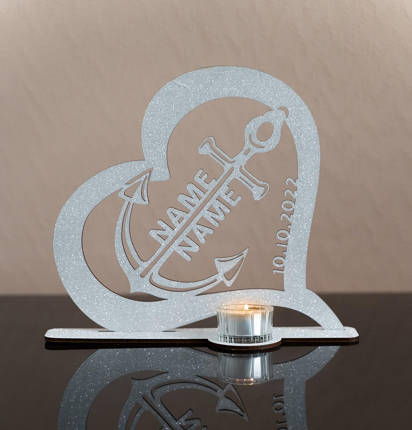 Hochzeitsgeschenk Anker im Herz Teelichthalter personalisiert mit Namen und Datum Liebesgeschenk in 12 Farben Tischdeko