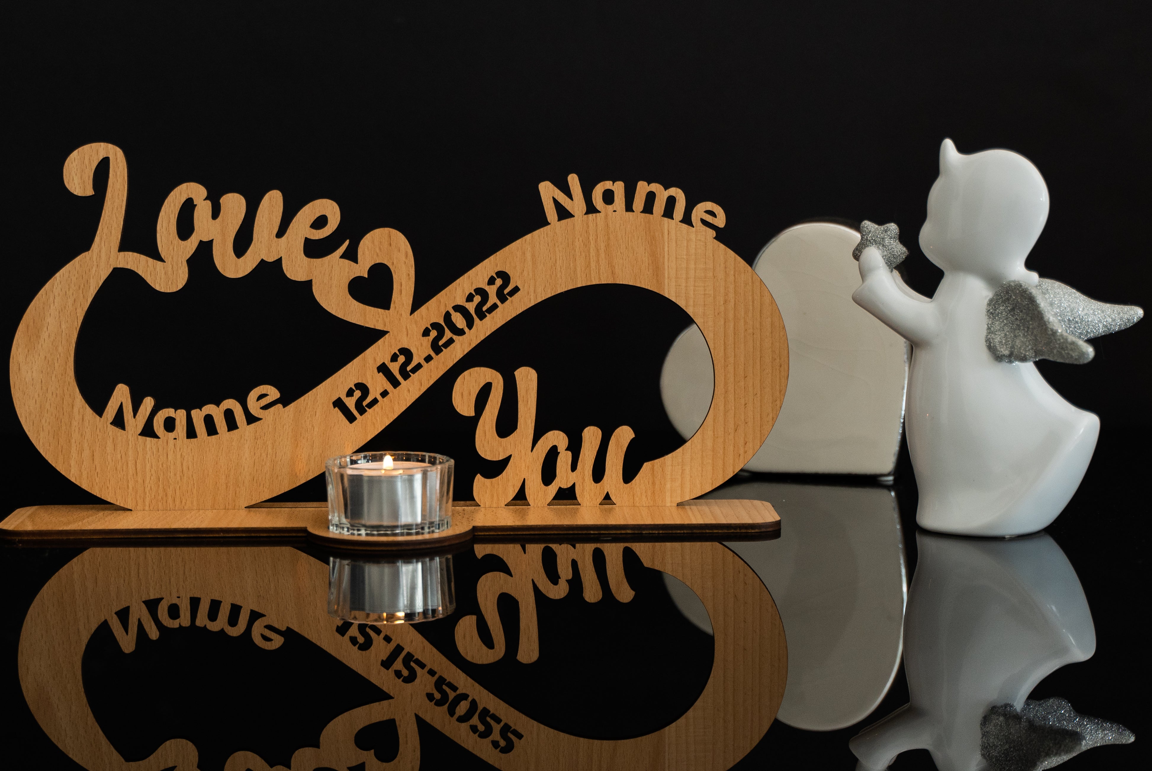 Liebesgeschenk Love You personalisiert mit Zwei Wunschnamen und Datum Teelichthalter Unendlichkeitszeichen zum Jahrestag und Hochzeit