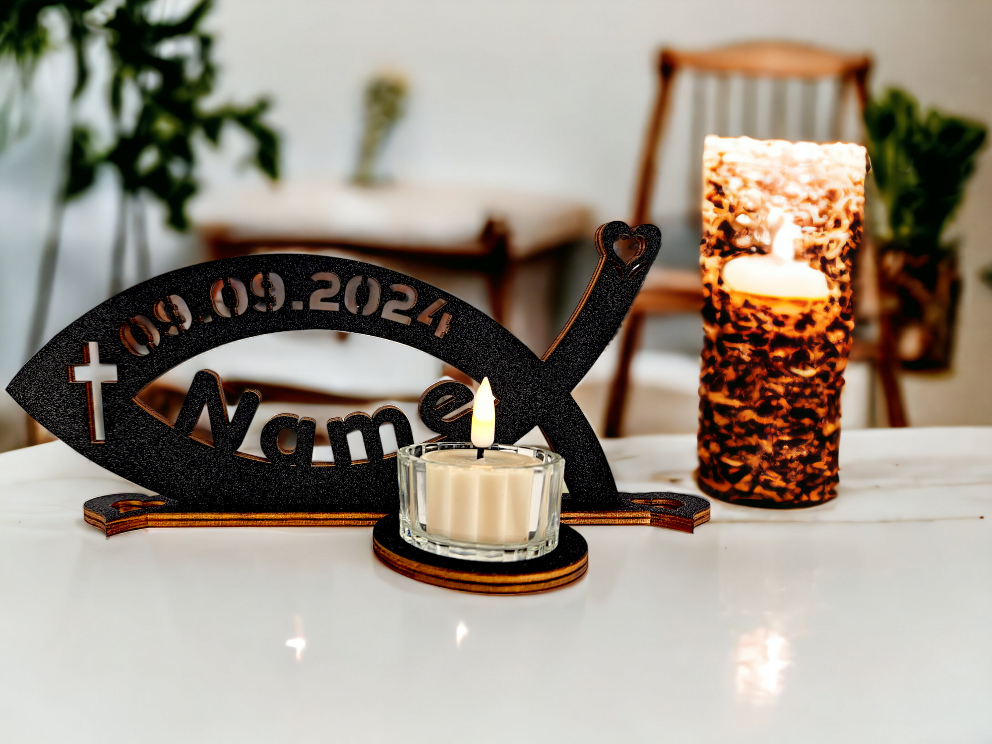 Tauffisch Fisch Teelichthalter personalisiert mit Name Tischdeko ideal als Taufedeko Kommuniondeko Geschenk zur Konfirmation für Mädchen & Jungen in 12 Farben