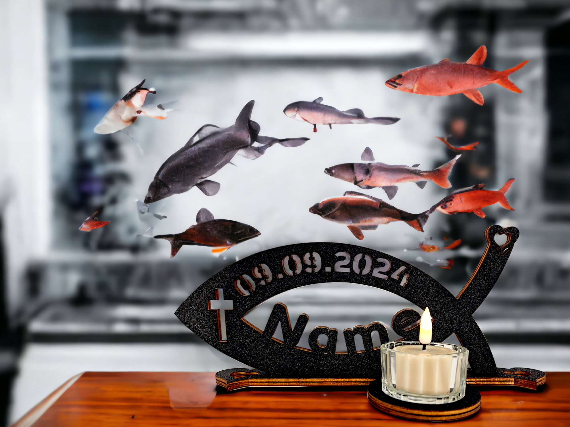 Tauffisch Fisch Teelichthalter personalisiert mit Name Tischdeko ideal als Taufedeko Kommuniondeko Geschenk zur Konfirmation für Mädchen & Jungen in 12 Farben