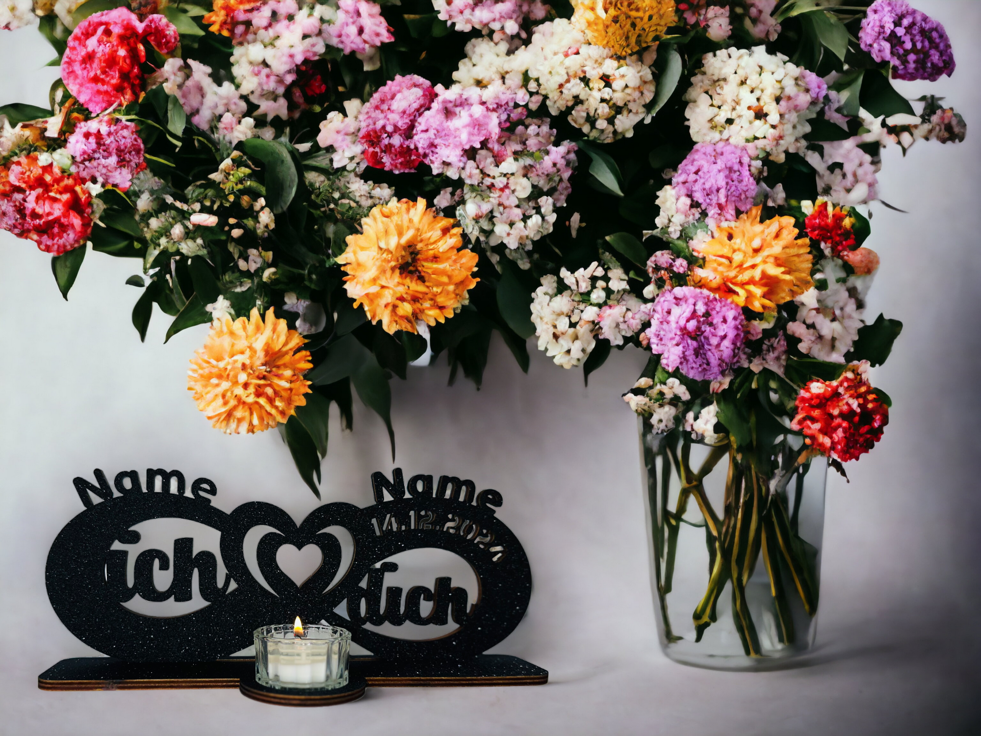 ich Liebe Dich Liebesgeschenk Teelichthalter personalisiert mit Zwei Namen und Datum Unendlichkeitszeichen zum Jahrestag Hochzeit in 12 Farben